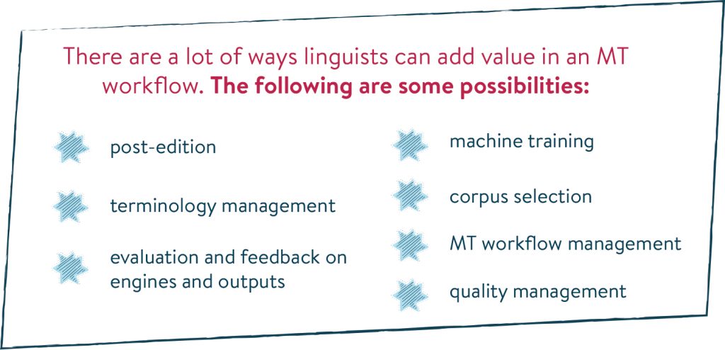 Differents ways a linguist can add value in an MT workflow.